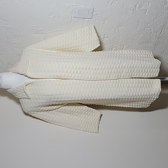 VTG Sweater Cardigan Coat Longline Knit 3/4 Sleeve Open Front Collar 60s Cream M - Picture 1 of 9